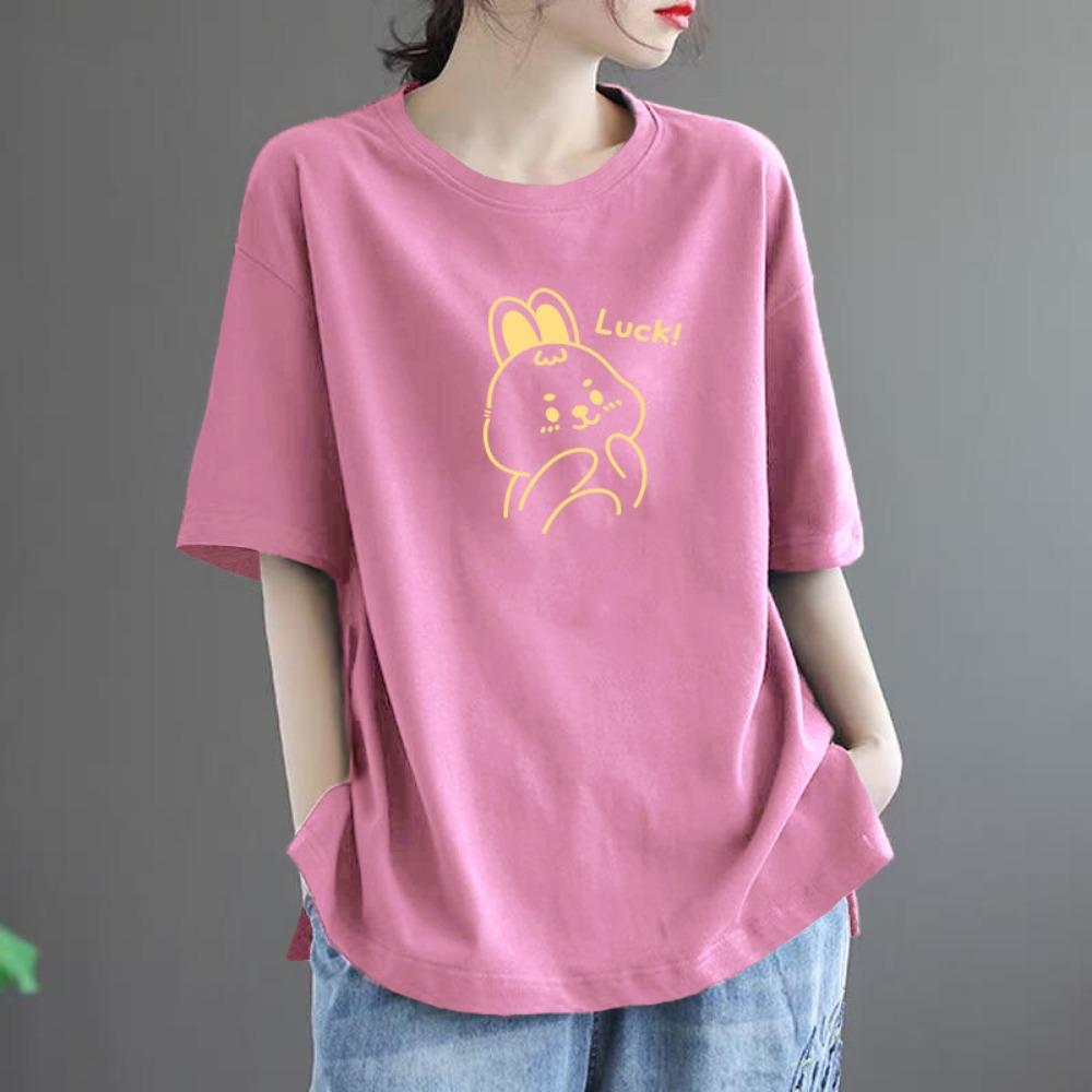 Summer large size women's t-shirt new loose and thin cartoon rabbit print comfortable simple versatile short-sleeved top