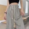 Plus Size Drawstring Sweatpants Jogger Women Wide Leg Pants Retro High Waist Stripe Elastic Woman Pant Black Loose Long Trouser