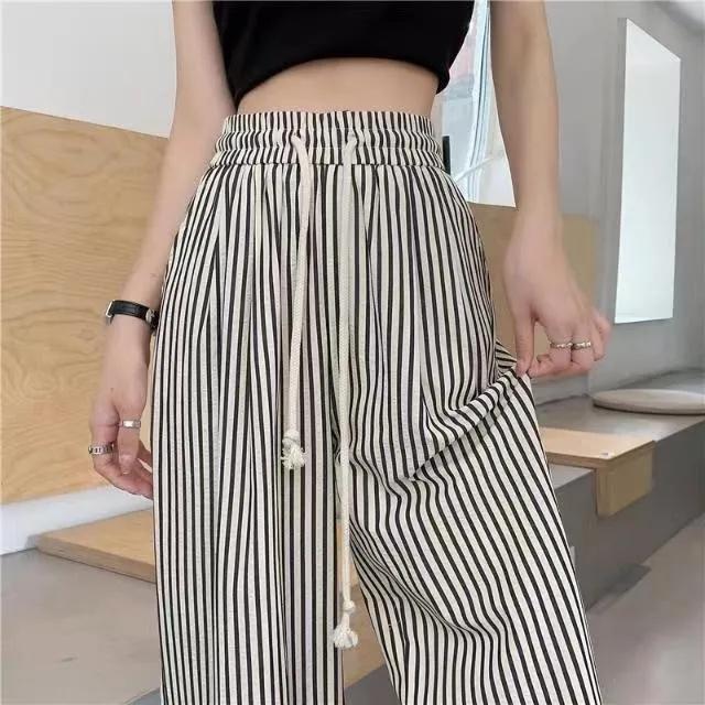 Plus Size Drawstring Sweatpants Jogger Women Wide Leg Pants Retro High Waist Stripe Elastic Woman Pant Black Loose Long Trouser