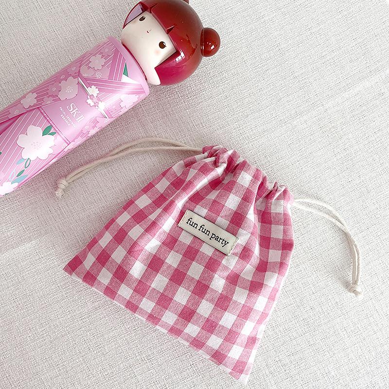 Multifunctional Cotton Plaid Storage Drawstring Bag For Women Portable Finishing Storage Pouch Cute Makeup Bag Candy Organizer