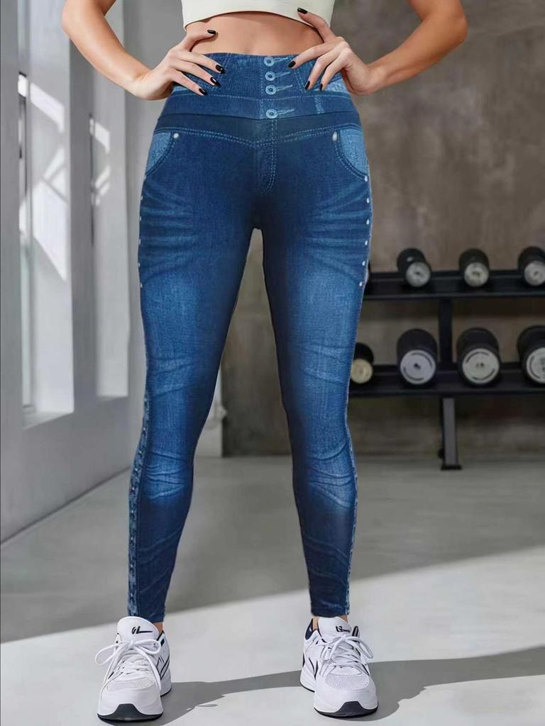 High-Waisted Faux Denim Butt-Lifting Yoga Pants - Women's Slimming Fitness Leggings, New European and American Style.