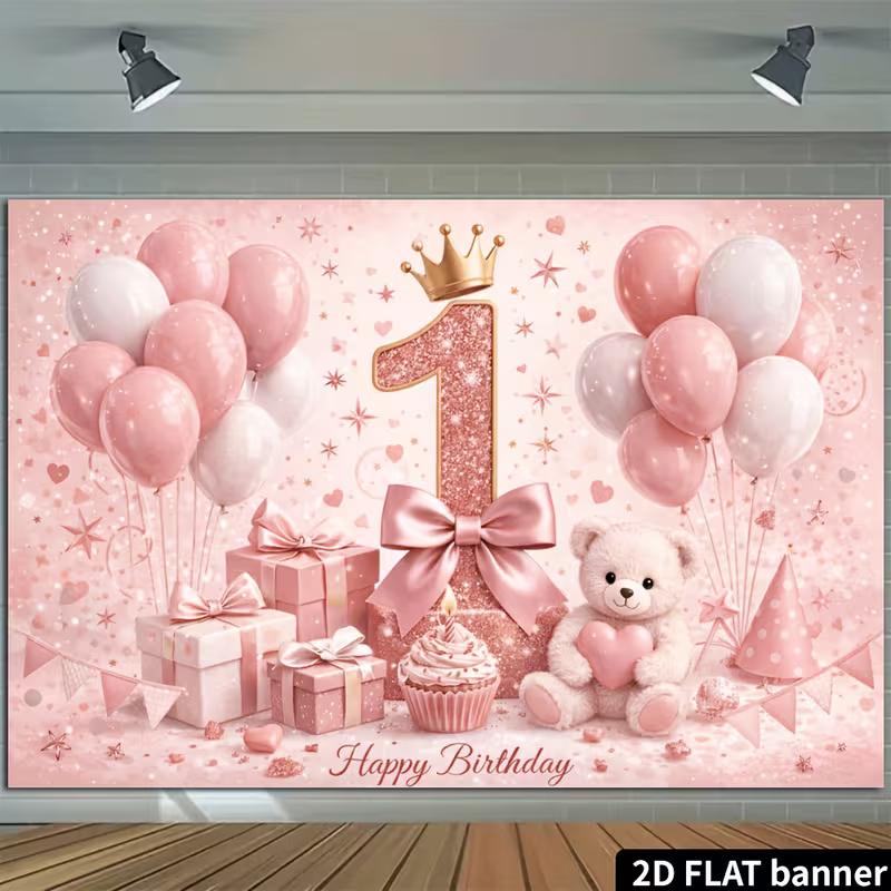 2D 1st Birthday Party Backdrop Rose Gold Balloons and Sparkles Photo Background