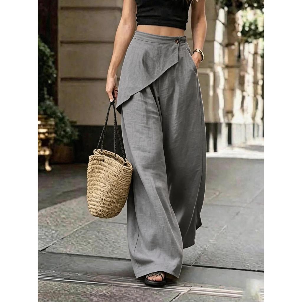 New Women's Imitation Linen Wide Leg Pants, Loose Solid Color Irregular Casual Trousers, European American Style