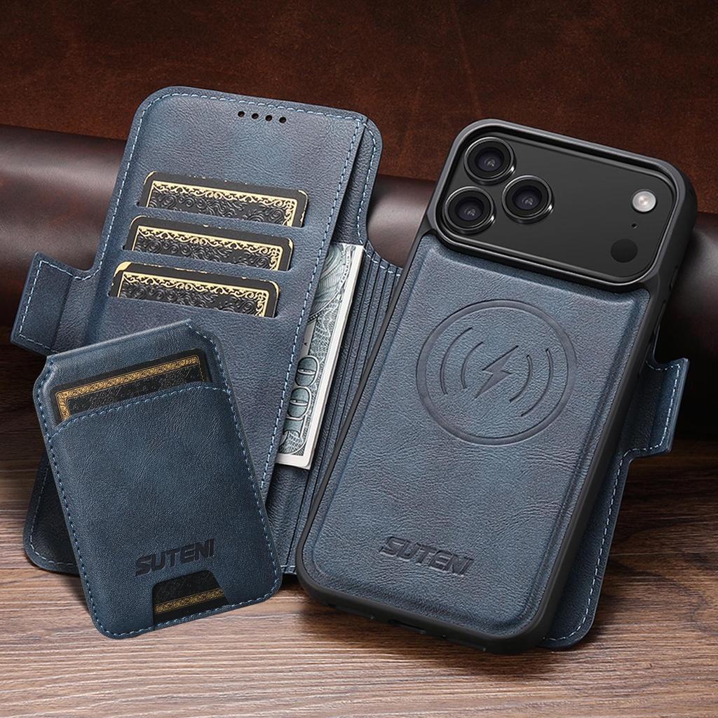 iPhone 17 Pro Max Leather Flip Case with Card Slot, Magnetic Closure, and Wireless Charging Stand