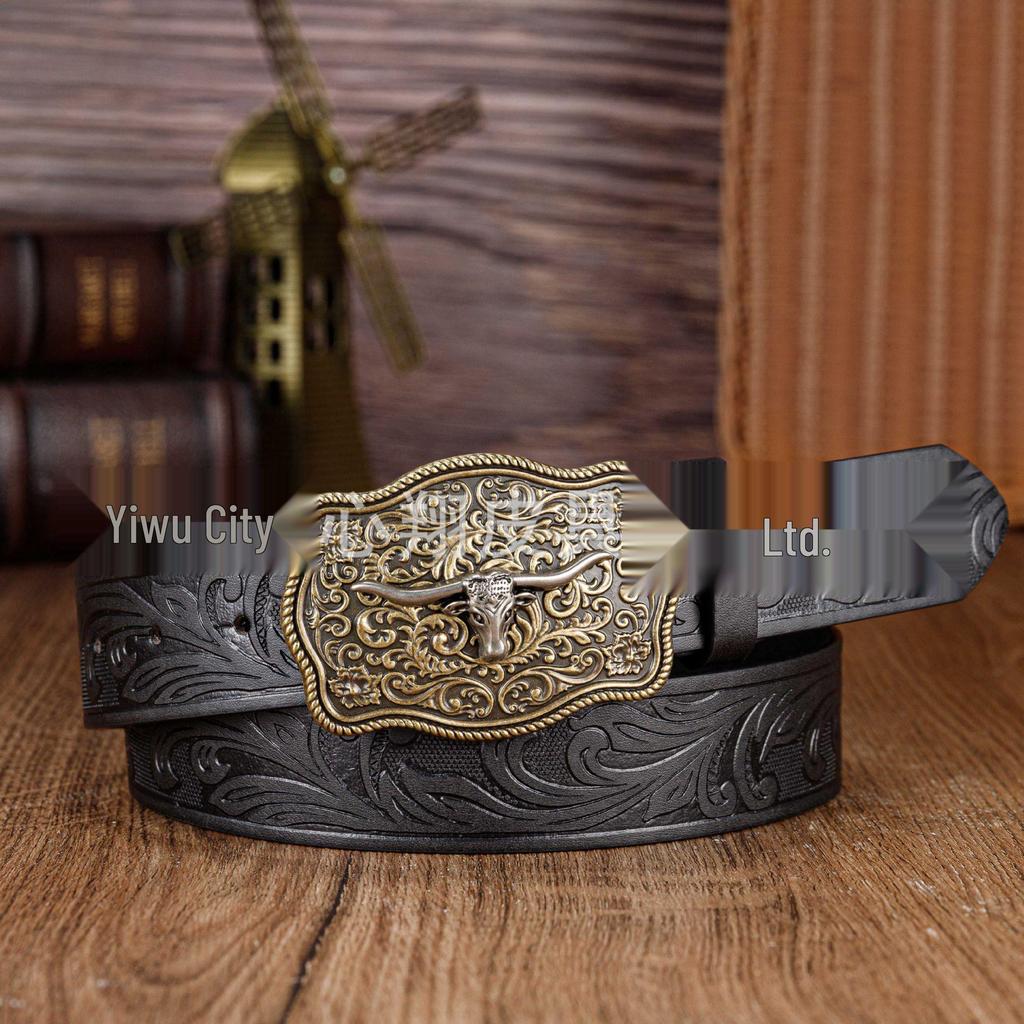 Retro Western Bull Head PU Leather Lace Buckle Belt