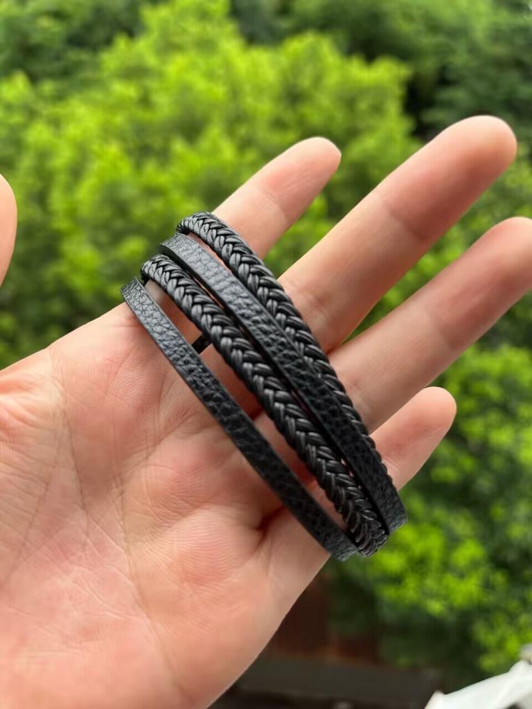 Trendige Lederarmbänder Herren Edelstahl Mehrschichtige Geflochtene Seilarmbänder Für Männliche Armbänder Zirkon