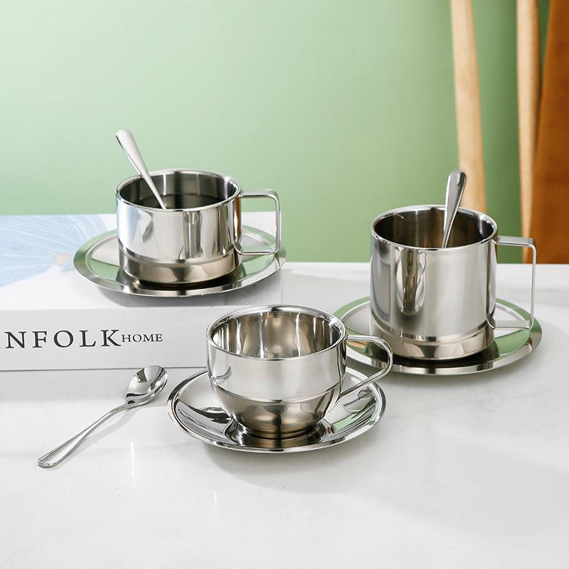 Elegant Coffee Cup with Scoop Saucer,304 Stainless Steel,Espresso Cup,Milk Mug,Cappuccino for Afternoon Tea Camping Cafeteria