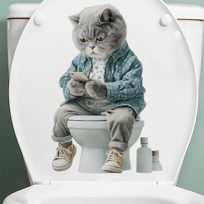 Pegatina Divertida de Gato Jugando en Smartphone en Inodoro, Calcomanía Autoadhesiva de Dibujos Animados Realistas para Decoración de Tapa de Inodoro de Baño