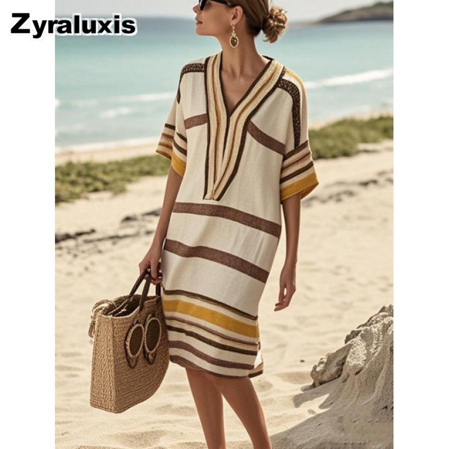 Summer New Printed Striped Fashion Casual Loose Versatile V-Neck Dress L