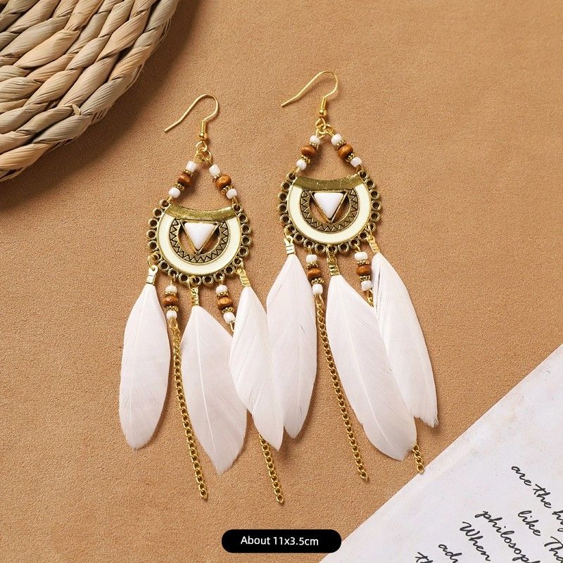 Ethnic Style Bohemia Feather Earrings White Long Style Fashion Retro Stylish Tassel Female Holiday Trip Shoot Earrings