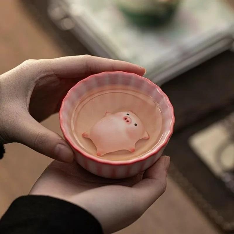 Керамическая чайная чашка с рисунком, маленькая свинка, пускающая пузыри снизу, забавная чайная чашка, фарфоровые стаканы для воды, кружка