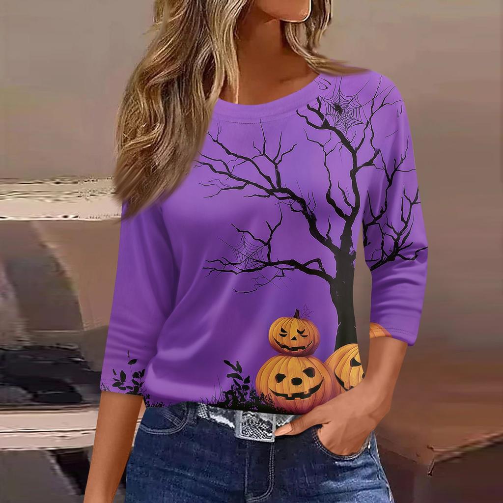 Women's 3/4 Sleeve Loose Fit Casual Shirt Round Neck Halloween Print Top Comfortable Lightweight Fabric Suitable for Everyday Wear