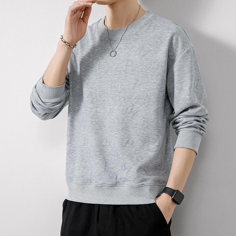 Spring and autumn heavyweight sweatshirt men's round neck trendy solid color casual long-sleeved T-shirt men's tops versatile youth loose