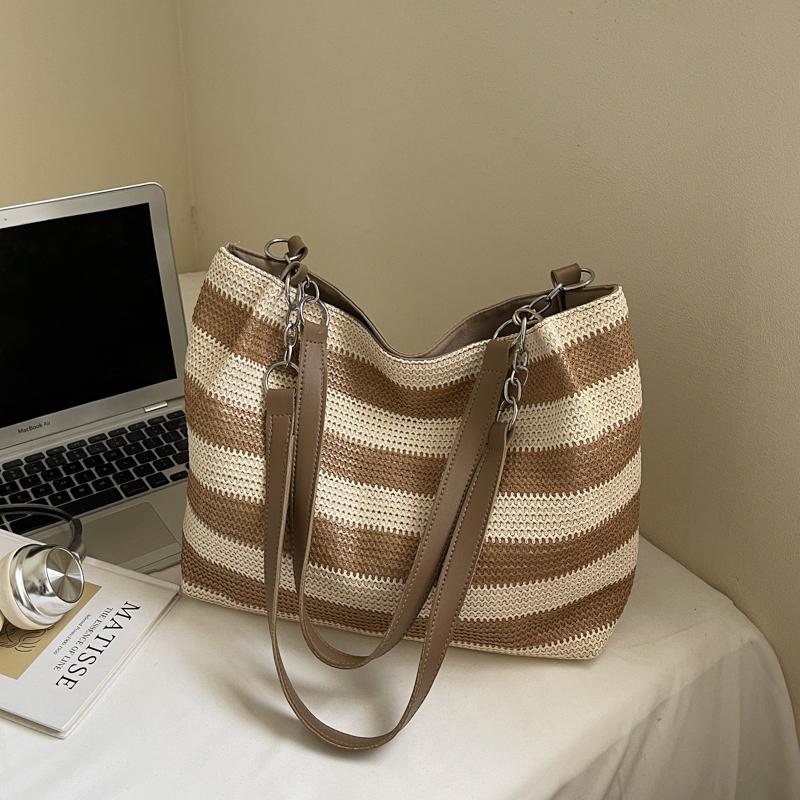 Seaside Holiday Beach Bag Women's Large Capacity Striped Straw Tote Bag