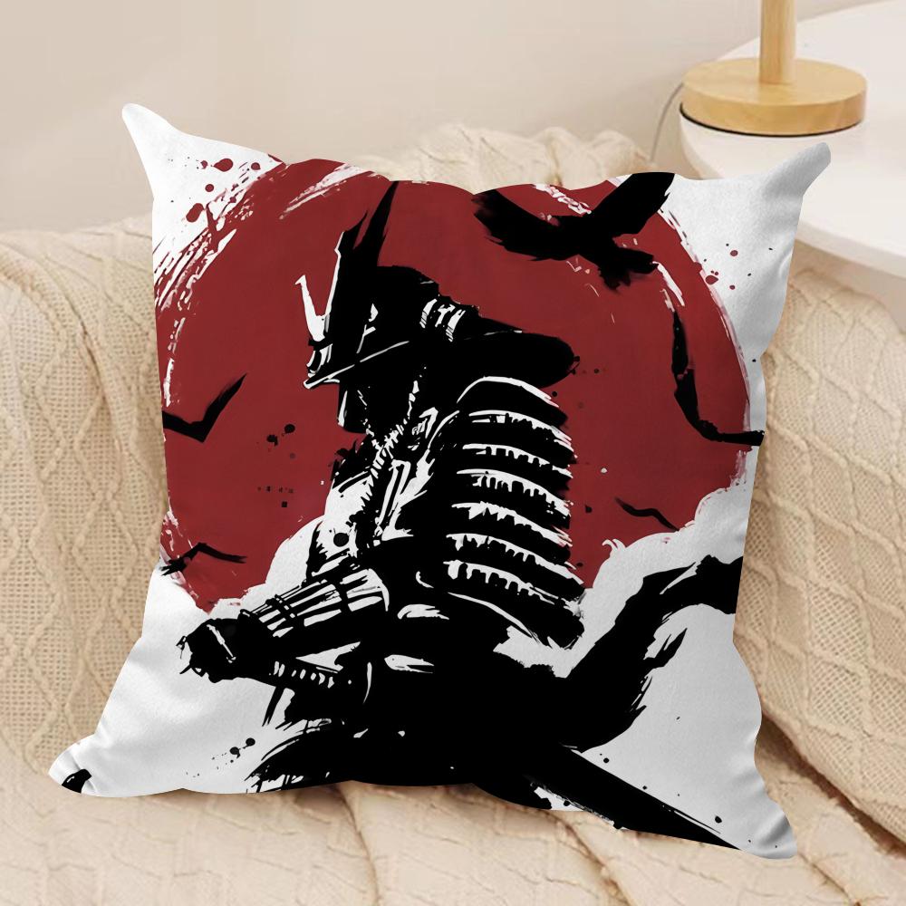 Japanese Style Ink Samurai Cushion Cover Silky Short Plush Invisible Zipper Dustproof Sofa Pillow Case for Home Decor