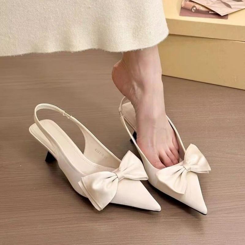 Fashion Elegant High Heels Women's Shoes Summer Black Shallow Mouth Pointed Toe Bow Slingbacks Luxury Party Office Lady Sandals