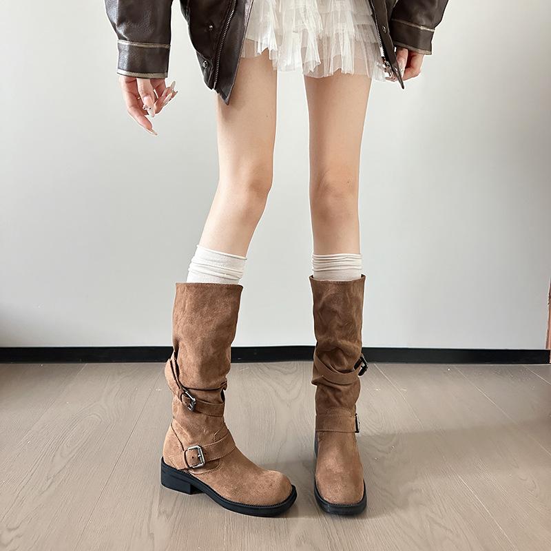 Korean thick heel pile medium boots women's boots 2025 spring and autumn new belt buckle but knee high pleated western boots