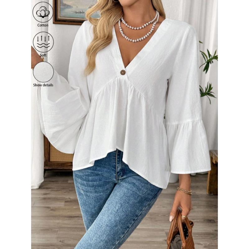 Spring Summer V-neck Elegant Loose Ruffled Women Blouse Half Sleeve Simple Casual Blouse Female New Solid Color Lotus Leaf Tops Office Sweet Clothing