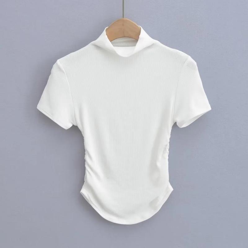 

Summer New Half High Collar Skinny Short Midriff Outfit Women s T-shirt Sexy Silm Stretch Pure Color Bottoming Pleated Tops White L