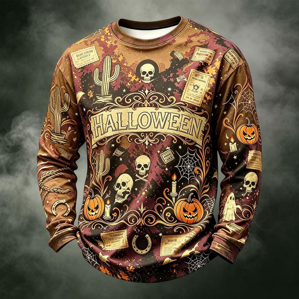Men's Casual Knit Long Sleeve Neck T-Shirt with Halloween Print
