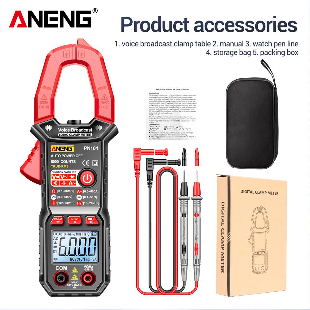 

Aneng PN104 Voice Broadcast Multitester 6000 Count Clamp Meter DC/AC Current Multimeter Автомобільний підсилювач Ємність Гц NCV Ом Тестовий інструмент червоний