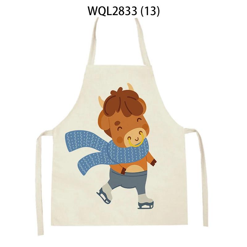 Animal Printed Kitchen Aprons Women Men Dinner Party Cooking Waist Bib Fox Cattle Bear Pattern Baking Pinafore Cleaning Apron