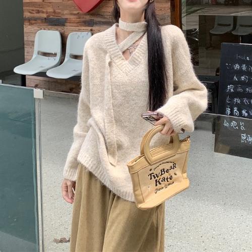 

Sweater knitted sweater women s autumn and winter new large size collar loose lazy soft waxy versatile pullover red women s top One size