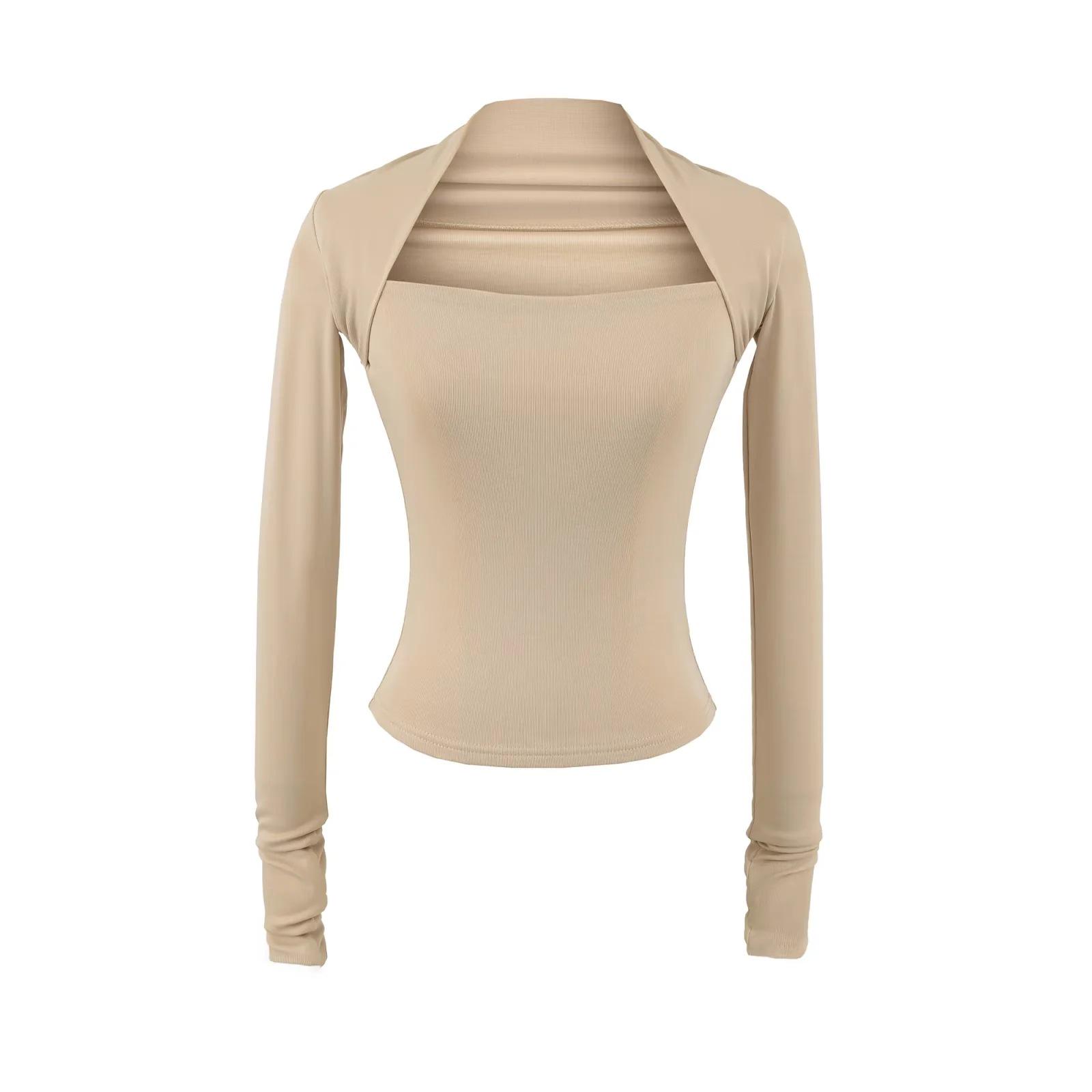 Elegant French-Style One-Shoulder Two-Piece T-Shirt for Women, Autumn Slim Fit, Simple Design Small хаки