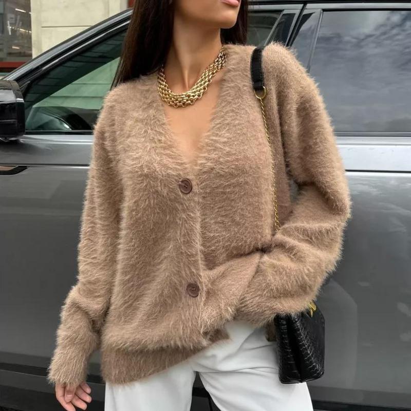 Женский вязаный повседневный кардиган осень-зима модный свободный свитер с V-образным — фото 13