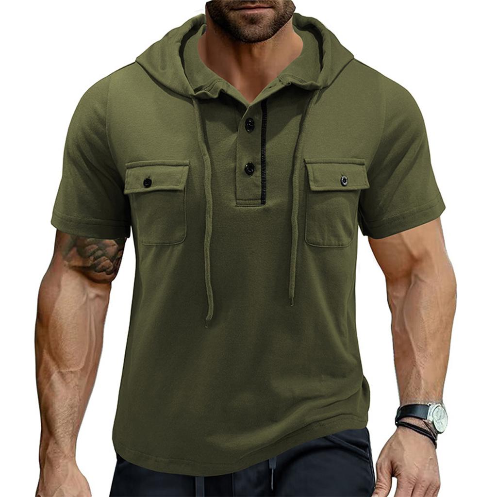 Men Summer Hooded Shirt Casual Solid Color 1 3 Buttons Short Sleeve Hoodies Tops for Beach Vacation Streetwear