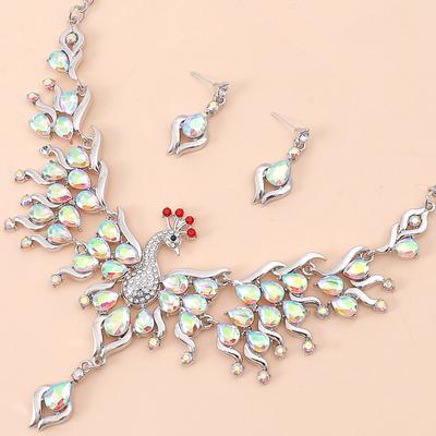 Fashion Retro Metal Water Drop Gem Peacock Necklace Earrings Tassel Exaggerated Clavicle Crystal Jewelry Set