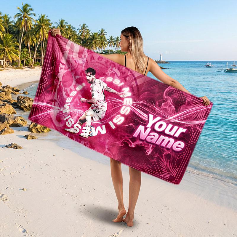 Asciugamano da Spiaggia Personalizzato Lionel Messi, Stampa Testo Nome Personalizzato, Asciugamano Morbido Asciugatura Rapida con Logo Calcio, Regalo per le Vacanze