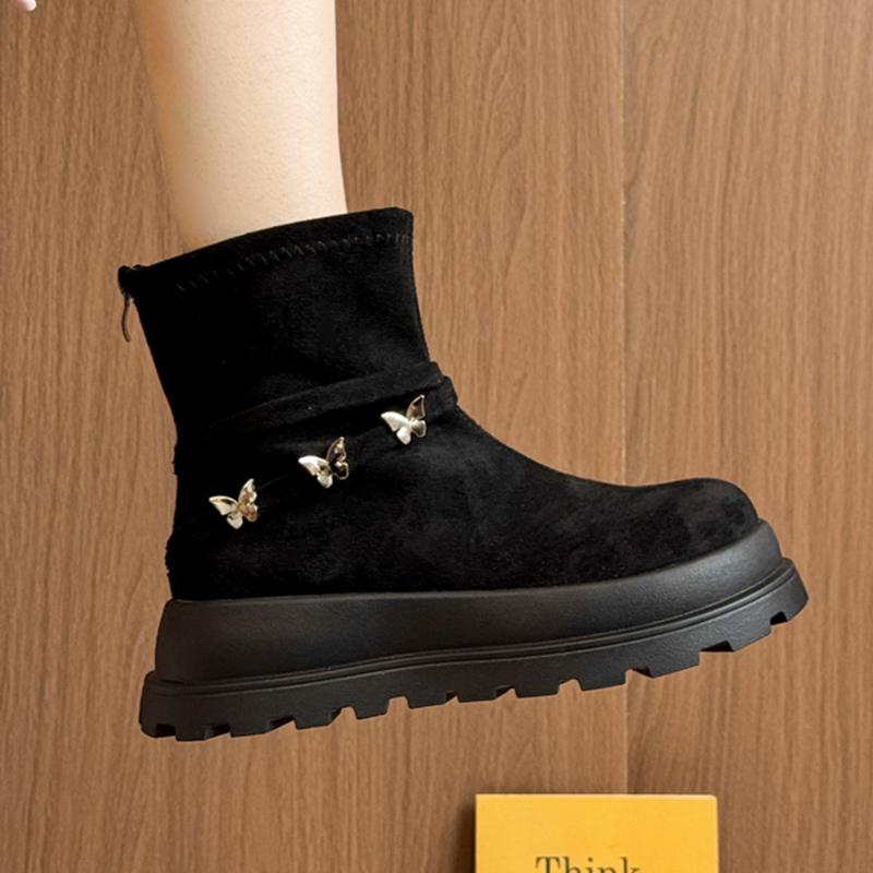 Fashion Metal Butterfly Decoration Suede Boots Women 2025 Autumn Chunky Platform Wedge Heel Boots Rear Zip Thick Bottom Booties