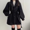 Women's Winter Coat With Waist Cinching Straps And Woolen Coat