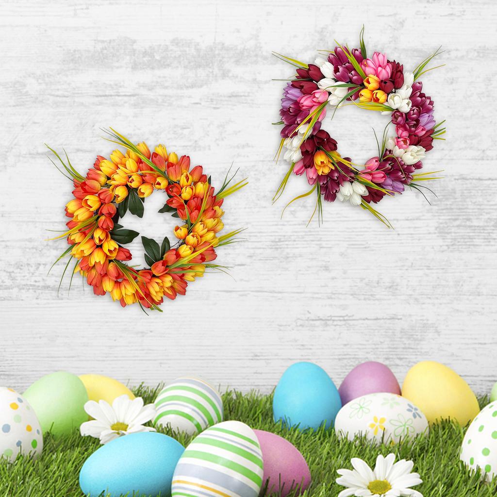 Flower Wreath Realistic Fade Resist Artificial Spring Wreath for Front Door Indoor Outdoor Home Decor Orange
