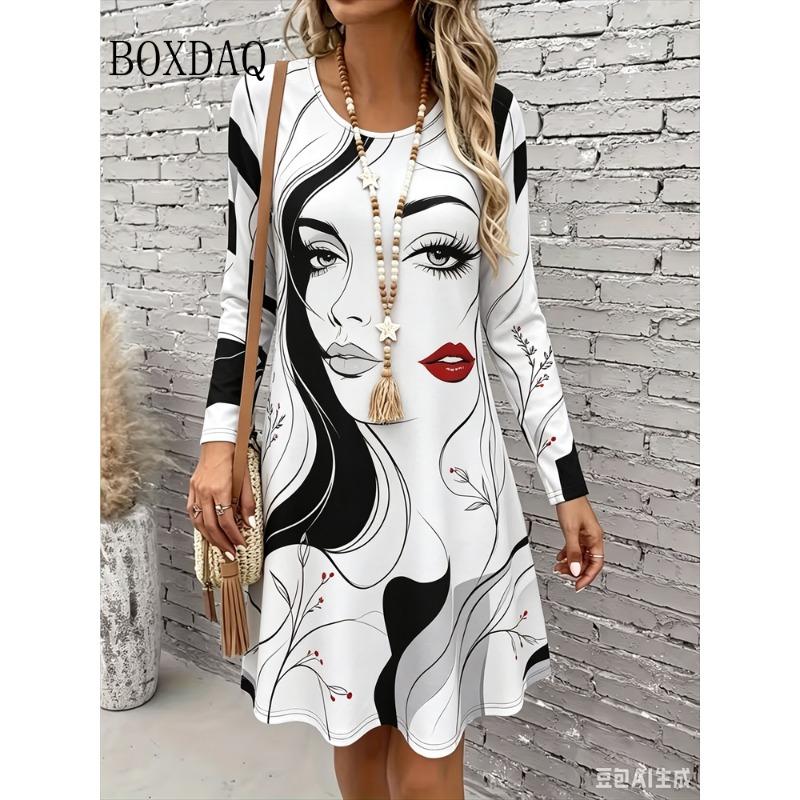 Dress Women's 2026 Autumn Fashion Streetwear Clothing Abstract Painting Face Print Dresses Loose Casual Long Sleeve A-Line Dress