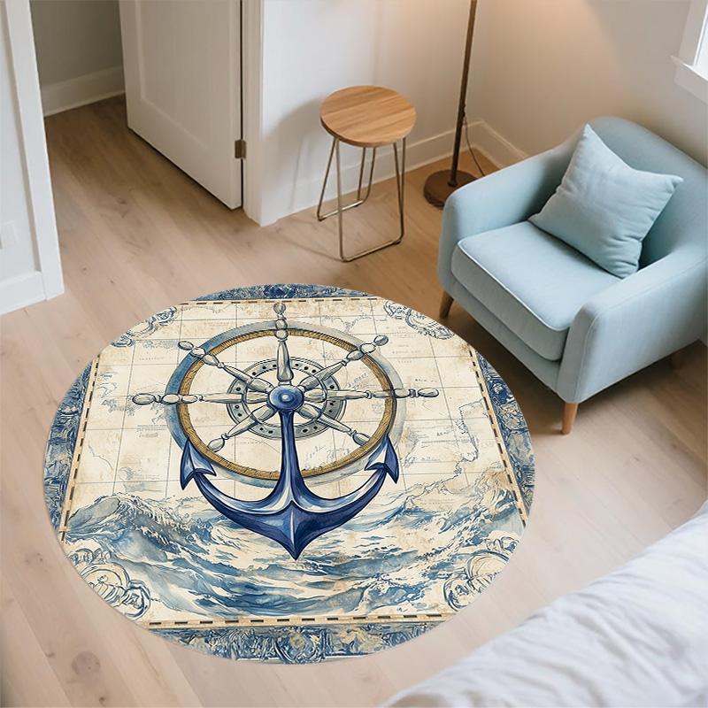 Anchor and Ship's Wheel,Round Area Rug,Carpet Rug for Living Room Bedroom Sofa Playroom Decor,Non-slip Floor Mat