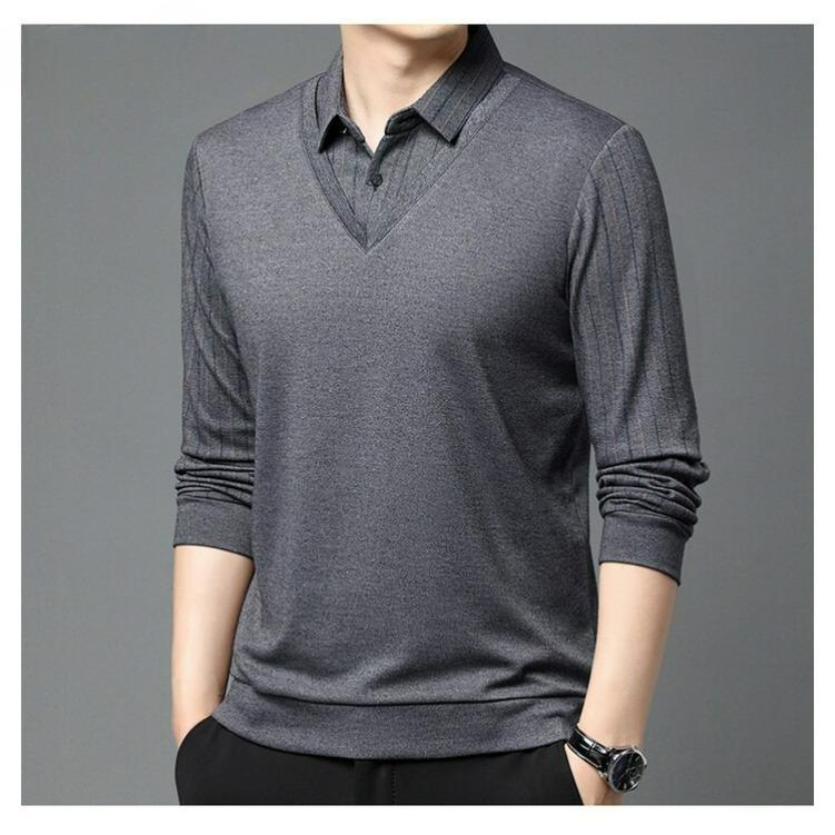 Men's Fake Two-piece Striped Polo Shirt Spring and Autumn Men's Loose Lapel Long-sleeved Shirt T-shirt
