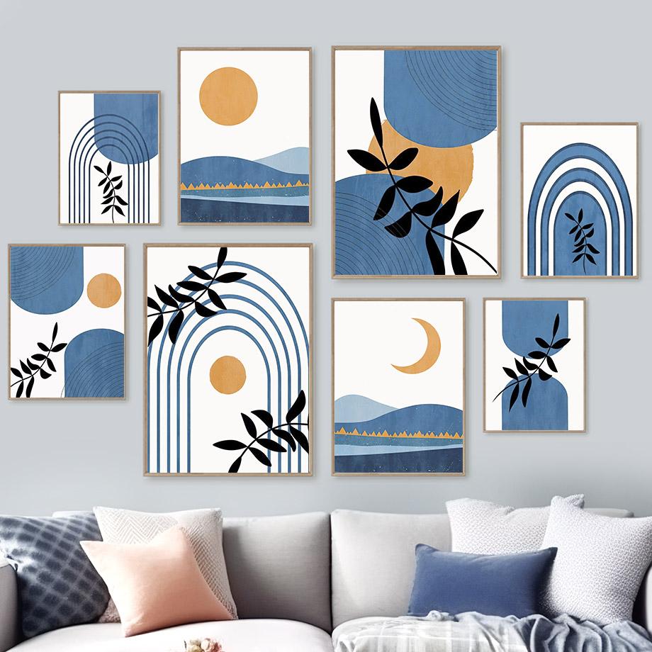 Mountain Sun Lines Rainbow Leaves Geometry Wall Art Canvas Painting Abstract Posters Prints Pictures For Living Room Home Decor