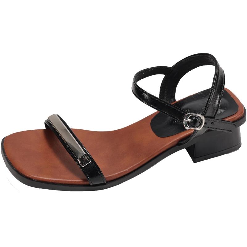 Fashion 2025Block Heel Explosive Straight Strap Sandals Women's Summer New Simple Square Toe Open Toe Square Heel Shoes