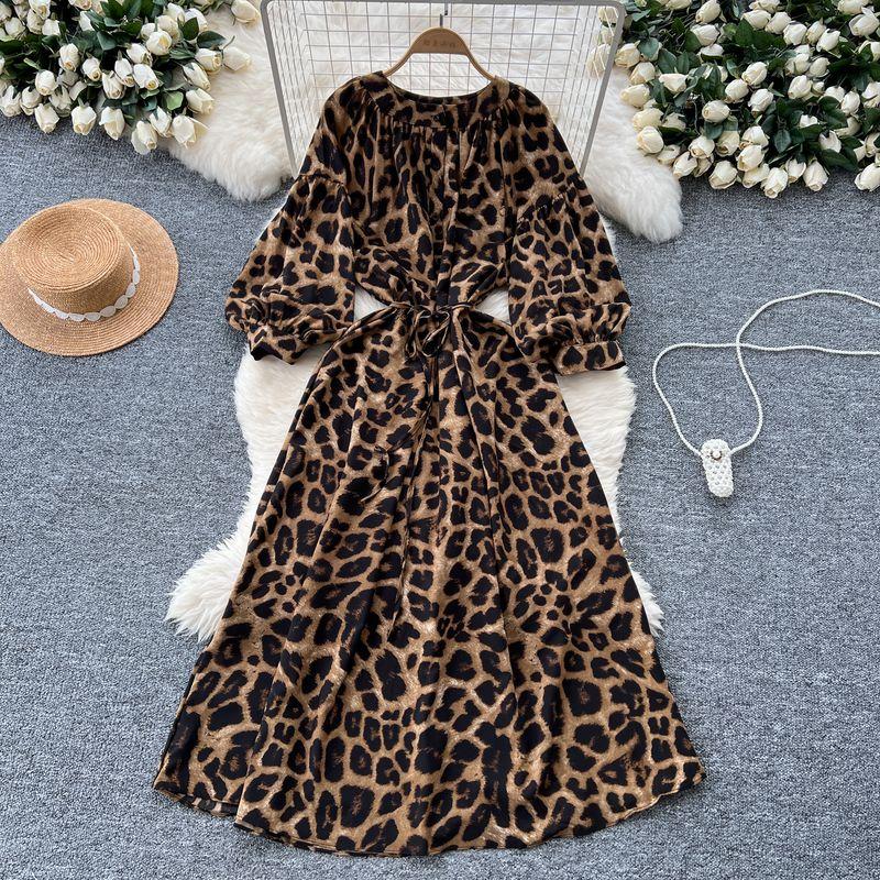 French Style Retro Minority Print Dress Female 2024 Autumn Lace-up Waist-Controlled round Neck Lantern Sleeve Slimming Long Dress