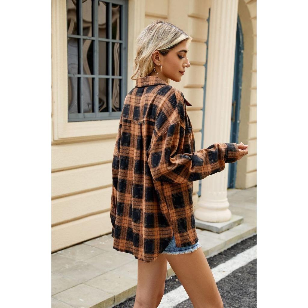 New Women's Long Sleeve Plaid Button Down Shirt Top Fall Winter Pocket Turn-down Collar Blouse