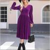 Abito Midi da Donna Monocolore a Maniche Lunghe con Scollo a V e Pieghe in Vita Alta