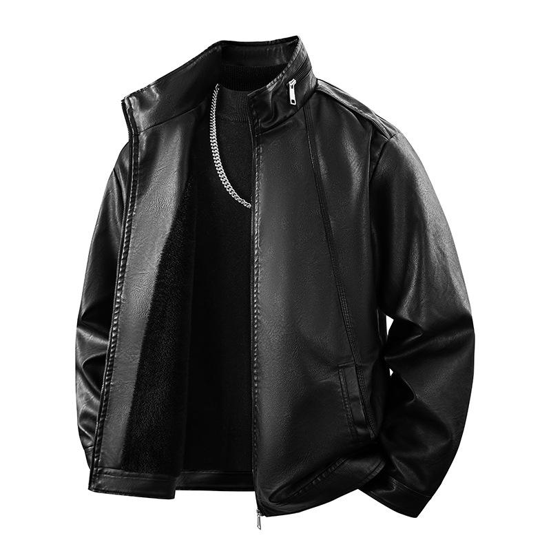 Men's Fleece-Lined Leather Winter Jacket, Thickened, Trendy Stand Collar - Ideal for Business, Casual, or Motorcycle Wear