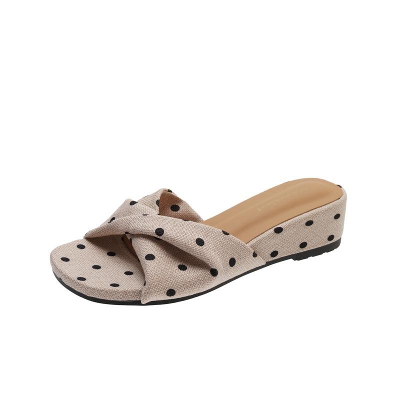 Retro French woven polka dot one-word slippers women's summer wear new sandals thick-soled thick-soled wedge sandals