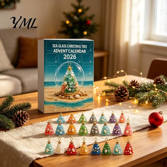 Beach Themed Christmas Decorations 2026 Advent Calendar, Sea Glass Tree 2D Acrylic Ornament Set Holiday Hanging Pendants with String, Countdown Decor,
