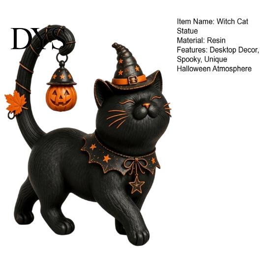 Niedliche Hexenkater-Skulptur für den Garten Halloween Schwarz Mit Hut Figur, Harzstatue Sammlerstücke Schreibtischregal, Gruselige Heimdekoration, Geschenk