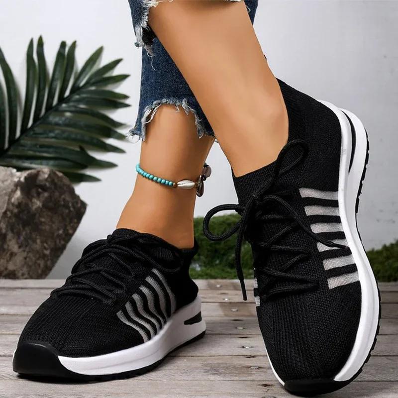 Fashion Black Breathable Mesh Sneakers Shoes Women Spring Autumn Comfortable Lace-Up Shoes Women Striped Lightweight Female Sports Shoes