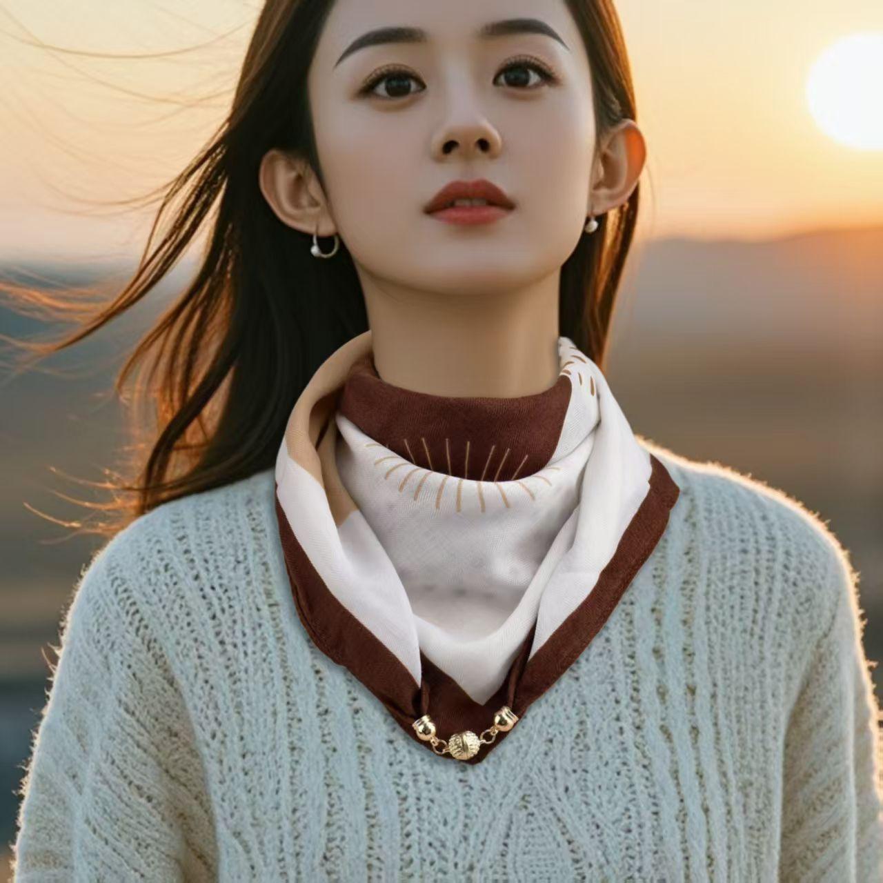 

Luxury Design Autumn Winter Hot Magnetic Triangle Neck Protection Scarf For Women Cotton Linen Scarf High End Neck Scarf One Size