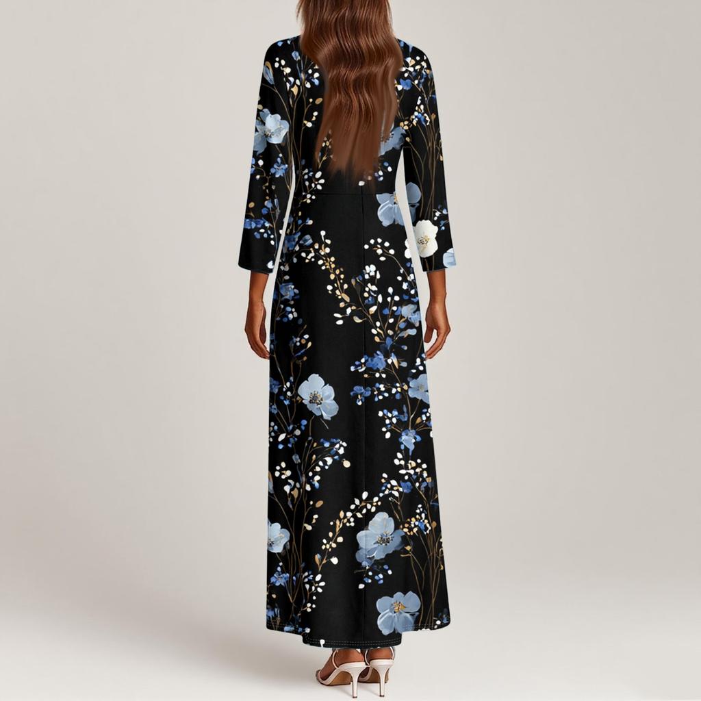 Women’s Long Sleeve V Neck Maxi Dress with Floral Print Loose Fit Lightweight Casual Style for Daily Wear